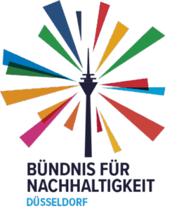 Logo „Bündnis für Nachhaltigkeit Düsseldorf“ - farbige Strahlen mit Rheinturm