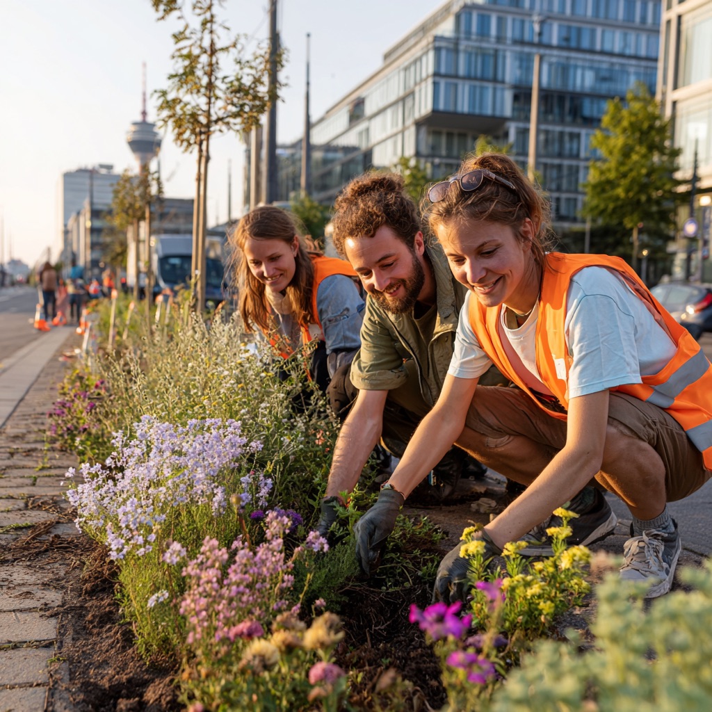 Unternehmens-Team pflanzt ein Blumenbeet in der Stadt - gelebte CSR in Düsseldorf