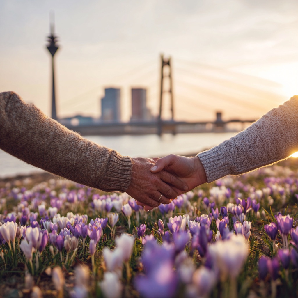 Gemeinsam für unsere Stadt! Händedruck vor Rheinturm – sichtbare Partnerschaft in Düsseldorf